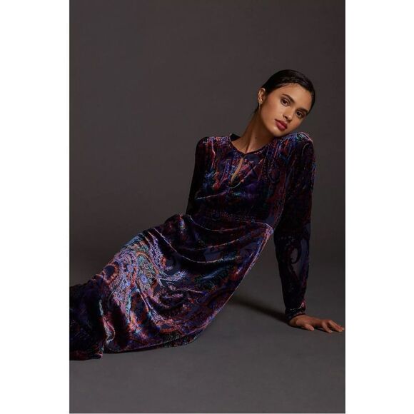 NEW Anthropologie Burnout Velvet Abstract Paisley Flounced Maxi Dress Size 2 - Picture 2 of 4